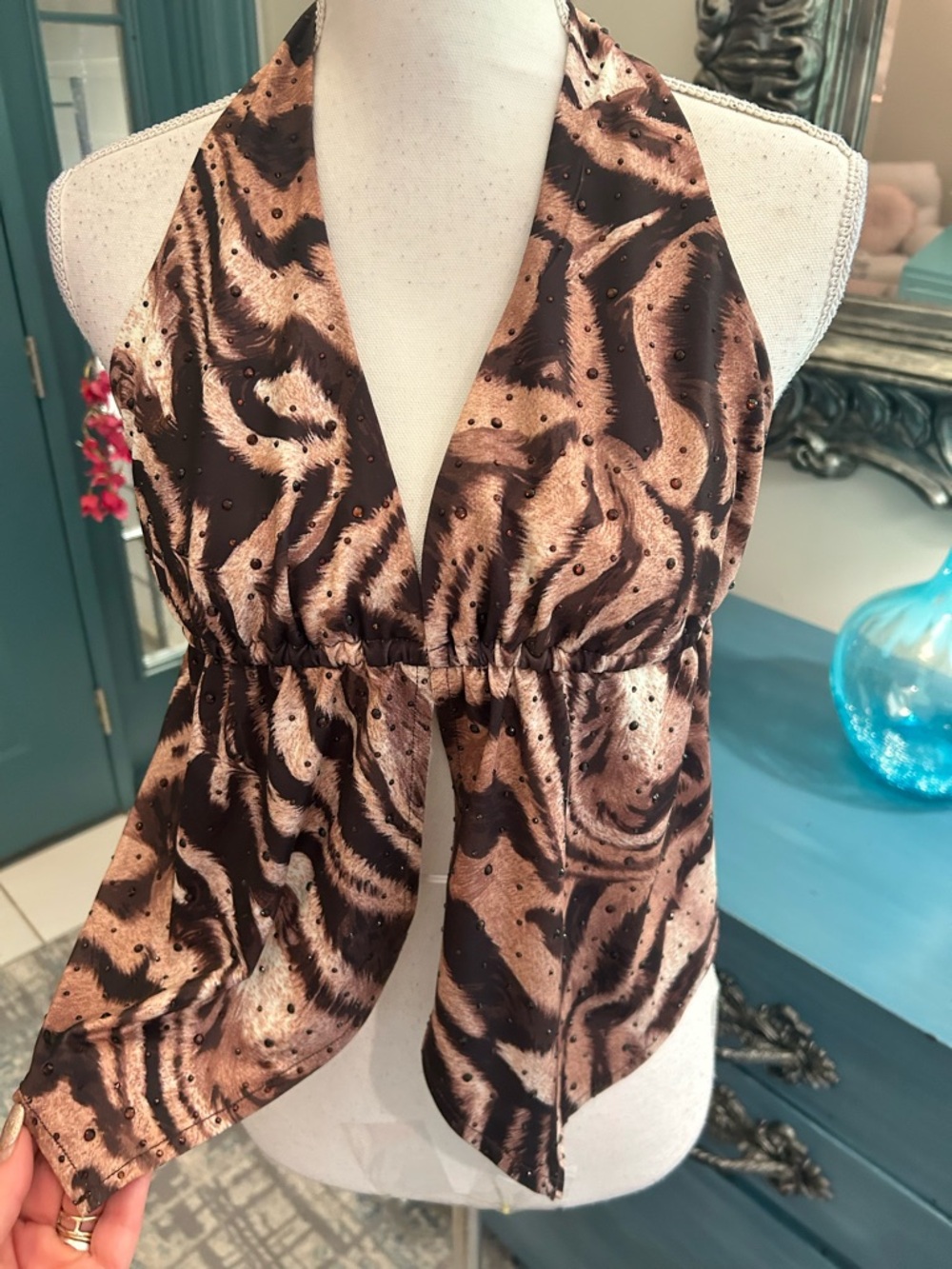 Windsor Rhinestone Animal Print Halter Tie back stretchy soft brown/Tan Sz XS